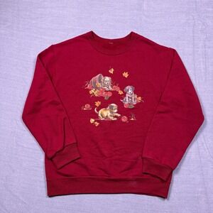 Vintage‎ Women's Crewneck Sweatshirt Red Puppy Dog Apples Fall Autumn